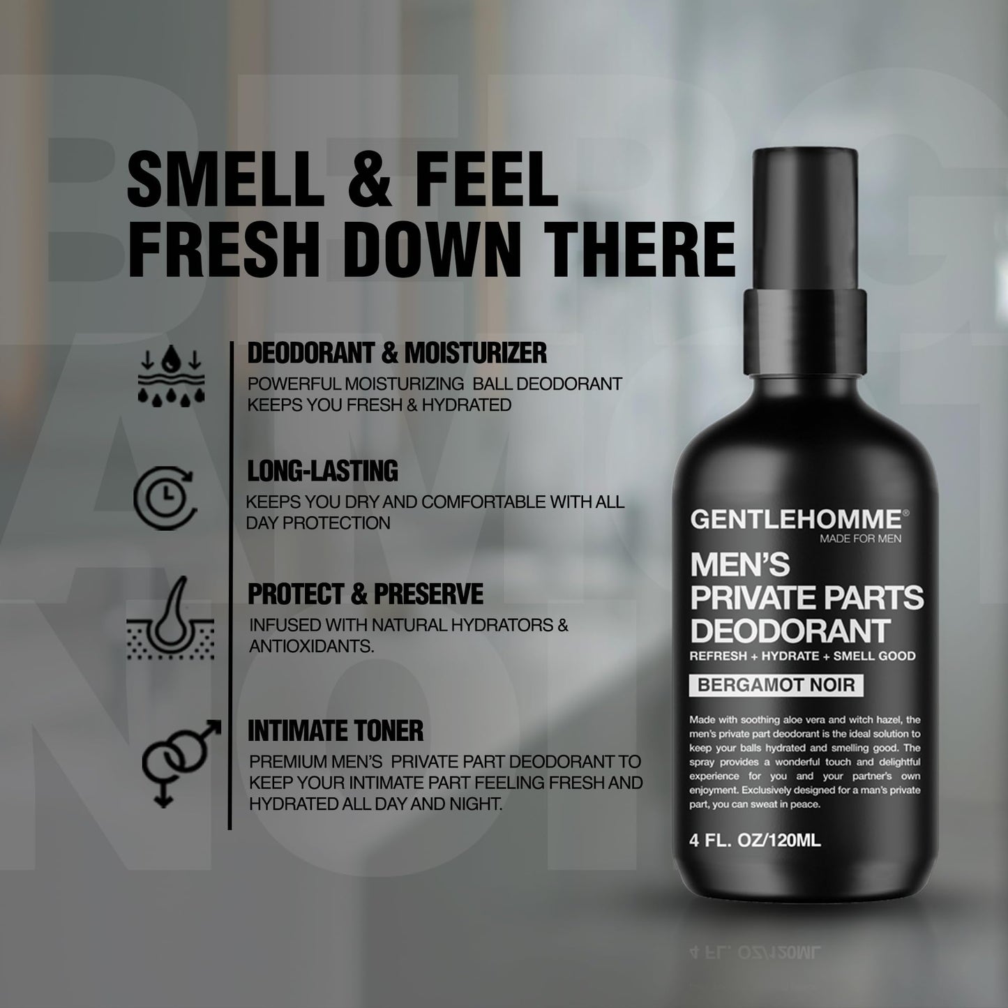 Gentlehomme - Men's Deodorant Spray for Intimate Areas - Anti-Chafing, Hydrating & Refreshing - with Aloe Vera & Witch Hazel - All Skin Types - Vegan Beauty and Personal Care Gentlehomme
