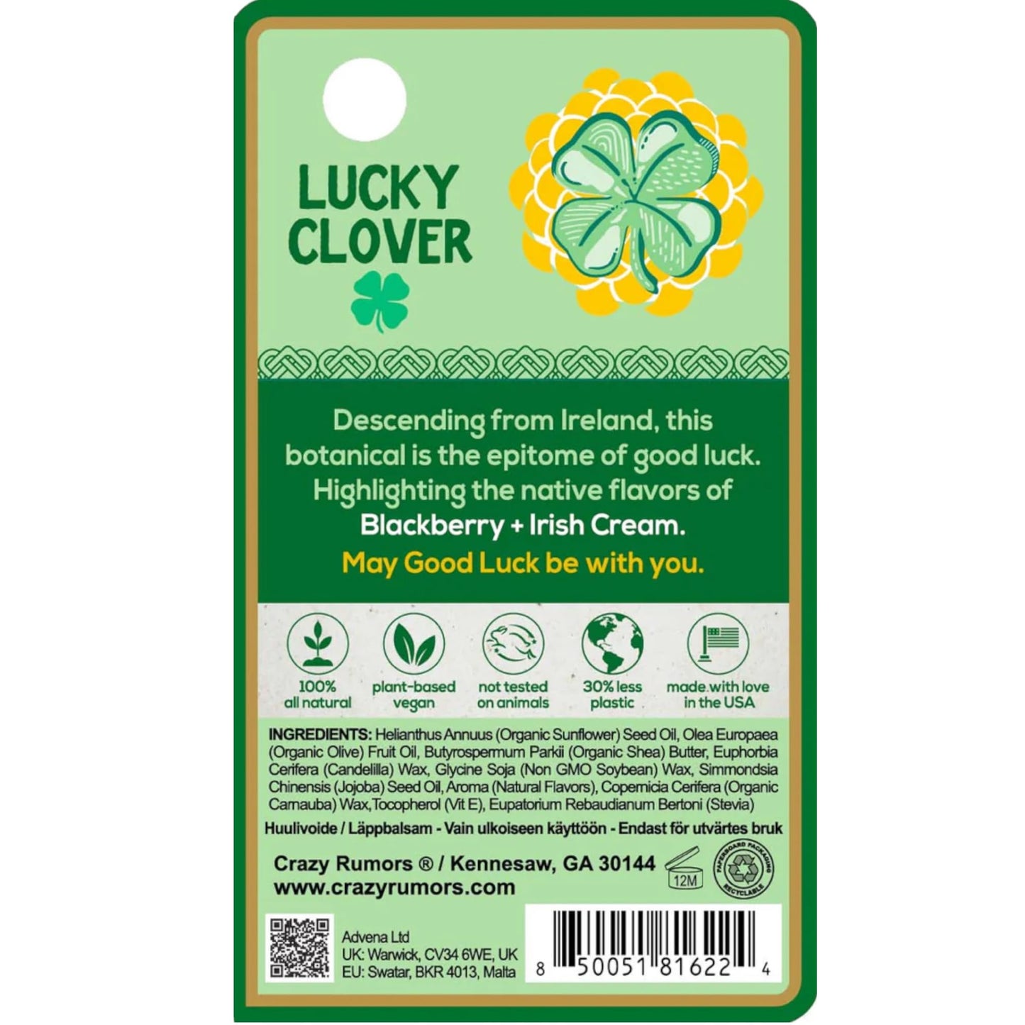 Crazy Rumors Happy Juju All Natural, Plant-Based Lip Balm with Organic Shea & Jojoba 1 Pack (Lucky Clover) Beauty & Personal Care Crazy Rumors