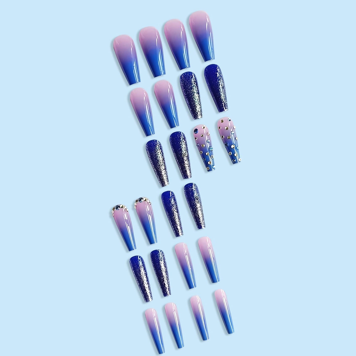 BABALAL Coffin Press on Nails Long Fake Nails with Nail Glue Blue Purple Glue on Nails 24Pcs Glitter Acrylic Nails Ballerina Stick on Nails Beauty & Personal Care BABALAL