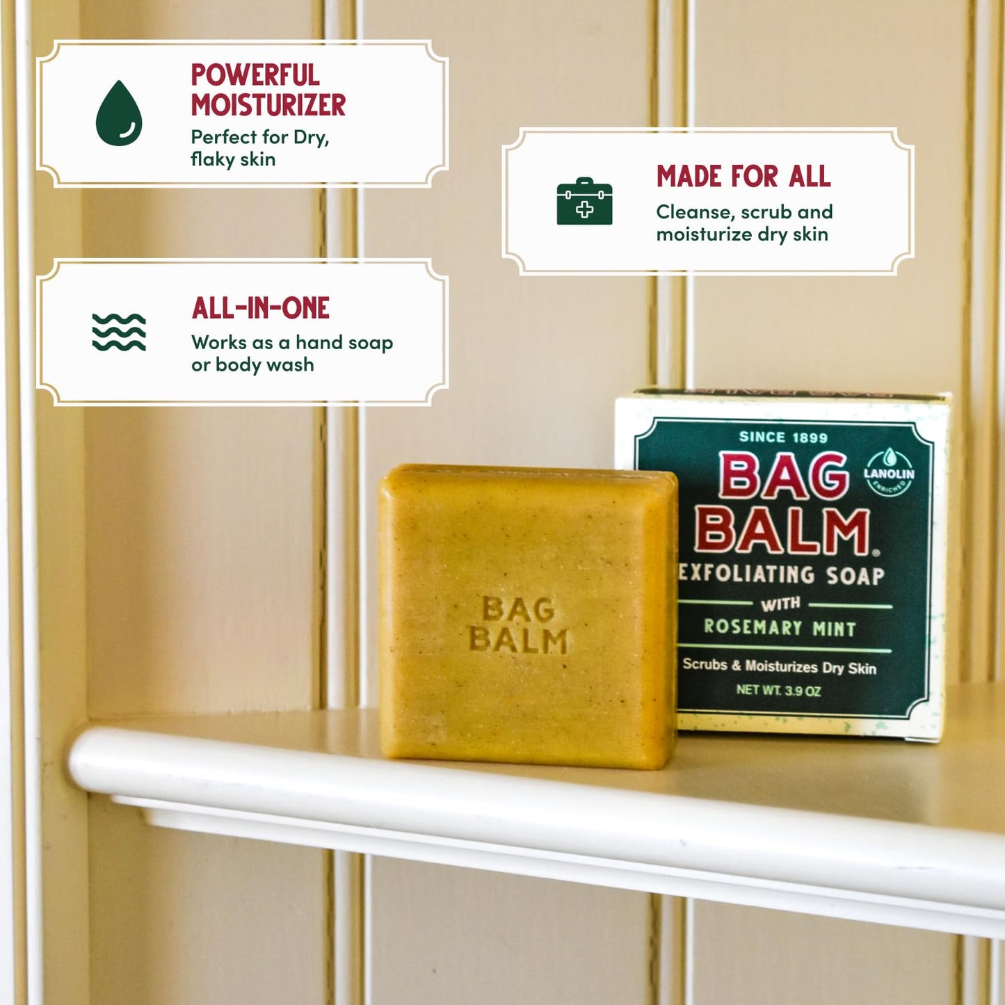 Bag Balm Vermont's Original Exfoliating Soap Bar, Body Soap Bars, Hand Soap Bar - Soap for Dry Skin - Rosemary Mint Scented Bars of Soap, Body Soap Beauty & Personal Care Bag Balm