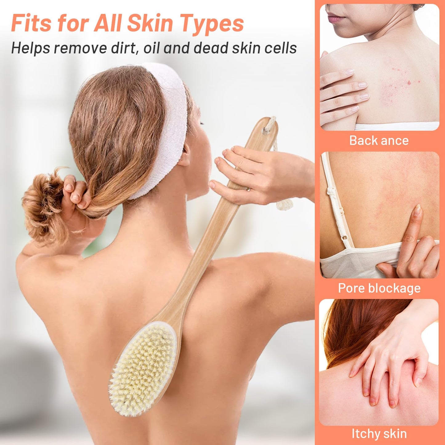Alyvisun Wooden Back Scrubber for Shower with Long Handle, Dual-Sided Bath Brush Body Scrubber with Stiff and Soft Bristles, Exfoliating Body Brush Beauty and Personal Care Alyvisun