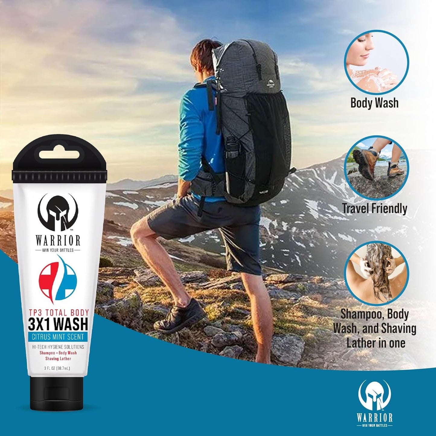 WARRIOR - WIN YOUR BATTLES- 3 in 1 Body Wash For Men & Women, Travel Size Body Wash, Shampoo, Shaving Lather with Citrus Mint Scent Liquid Soap Body Beauty & Personal Care WARRIOR -WIN YOUR BATTLES-