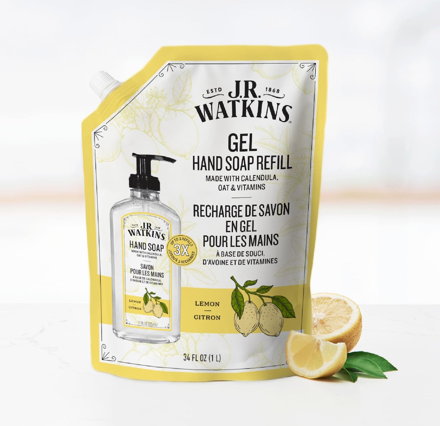 J.R. Watkins Gel Hand Soap Refill, Moisturizing Hand Wash, Formulated with Plant-Based Cleansers, Alcohol-Free, Cruelty-Free, Lemon, 34 Fl Oz, 2 Pack Beauty and Personal Care J.R. Watkins