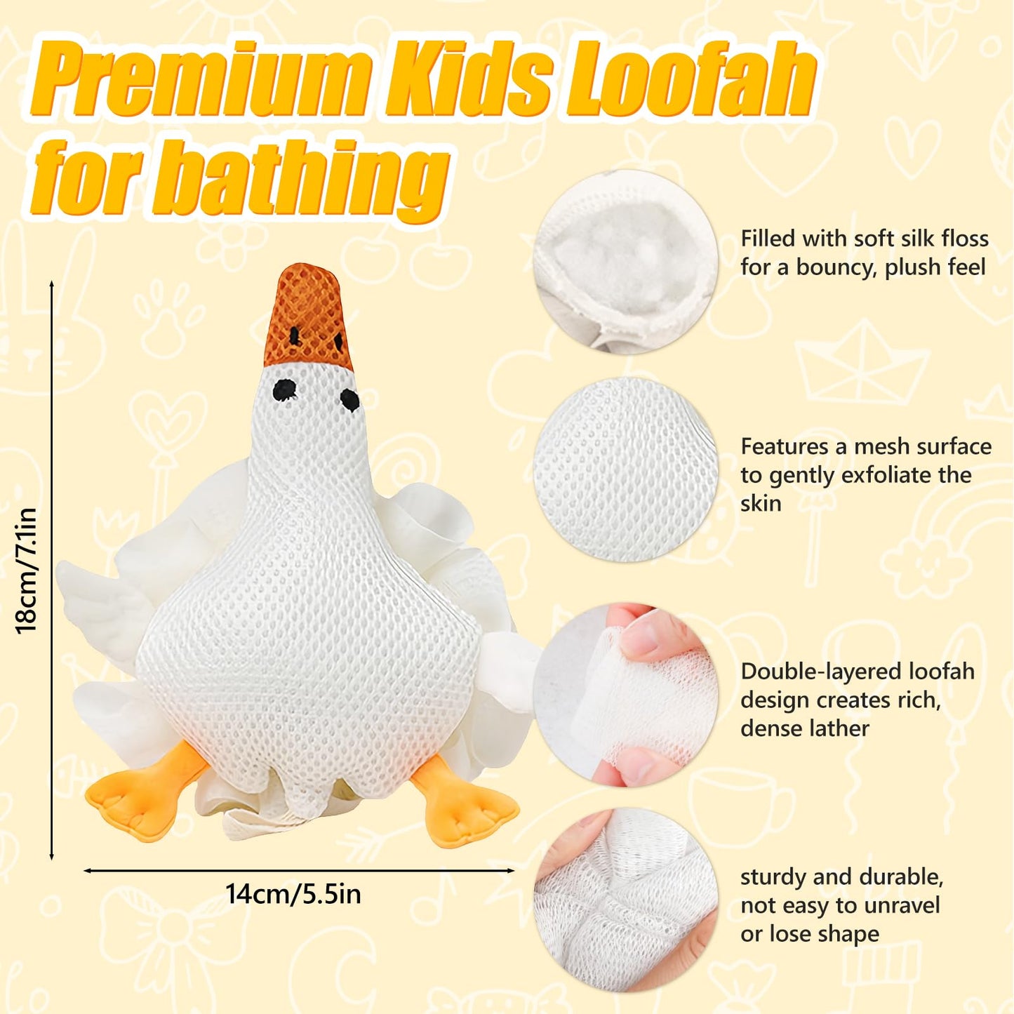 Kids Loofah, Cute Cartoon Animal Kids Bath Sponge with Hanging Rope, Soft Double Mesh for Rich Lather (Big White Goose) Beauty and Personal Care Taolivingmart