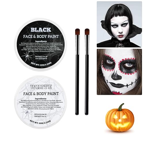 Js2U ZW White Black Oil Face Body Paint Set, Halloween Skeleton Makeup Kit with 2 Brushes, Professional Black and White Face Painting Kit Beauty & Personal Care Js2U ZW