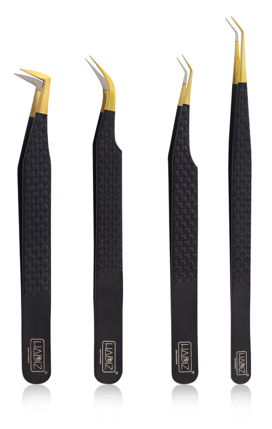HADIZ Set of 4 Fiber Tip Diamond Grip Eyelash Extensions Tweezers Japanese Stainless Steel Lash Tweezer(Black) Beauty and Personal Care HADIZ