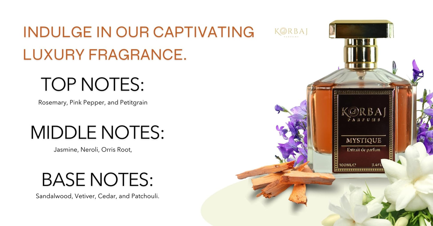KORBAJ PARFUMS Mystique - Arabian Perfume for Women and Men, EDP Mens Cologne with Rosemary, Pink Pepper, Petitgrain - Jasmine, Neroli, Orris Root Beauty & Personal Care KORBAJ PARFUMS