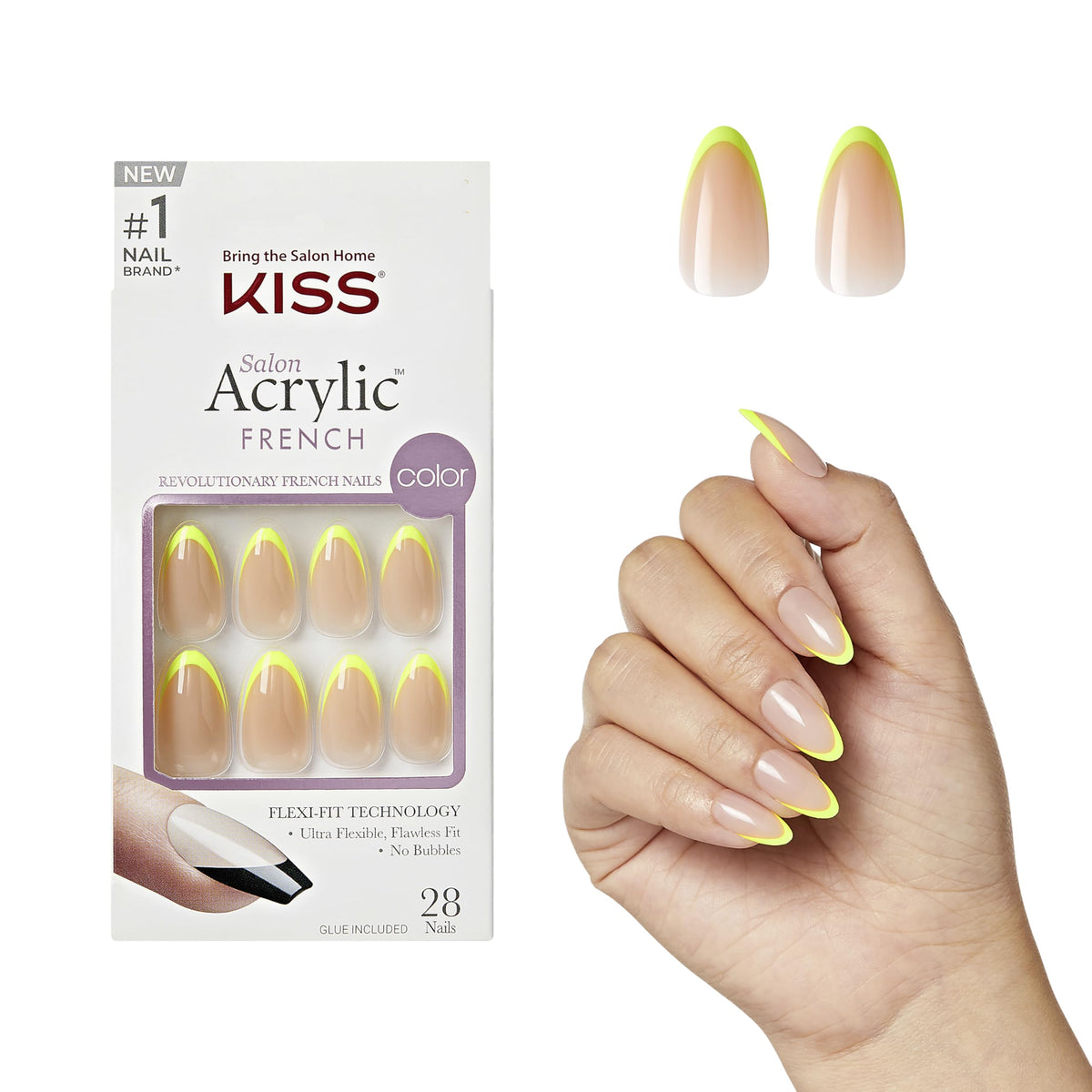 KISS Salon Acrylic, Press On Nails, Nail glue included, 'Hype', Light Neon Yellow, Medium Size, Almond Shape, Includes 28 Nails, 2G Glue, 1 Manicure