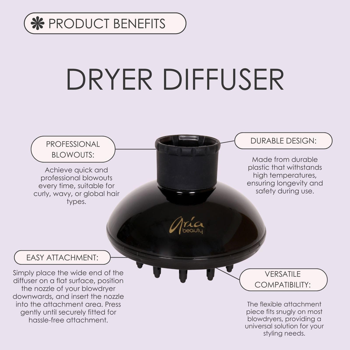 Aria Beauty Blow Dryer Diffuser - Attachment for Curly and Wavy Hair Types - Durable High-Temperature Resistant Plastic - Fits Most Blow Dryers - 1 pc