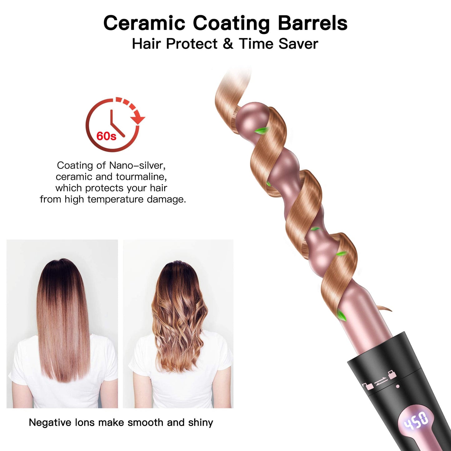 USHOW Curling Iron, Curling Wand Set, Instant Heat Up Hair Curler with Interchangeable Tourmaline Ceramic Barrels (0.5" to 1.25"), Adjustable Beauty & Personal Care USHOW
