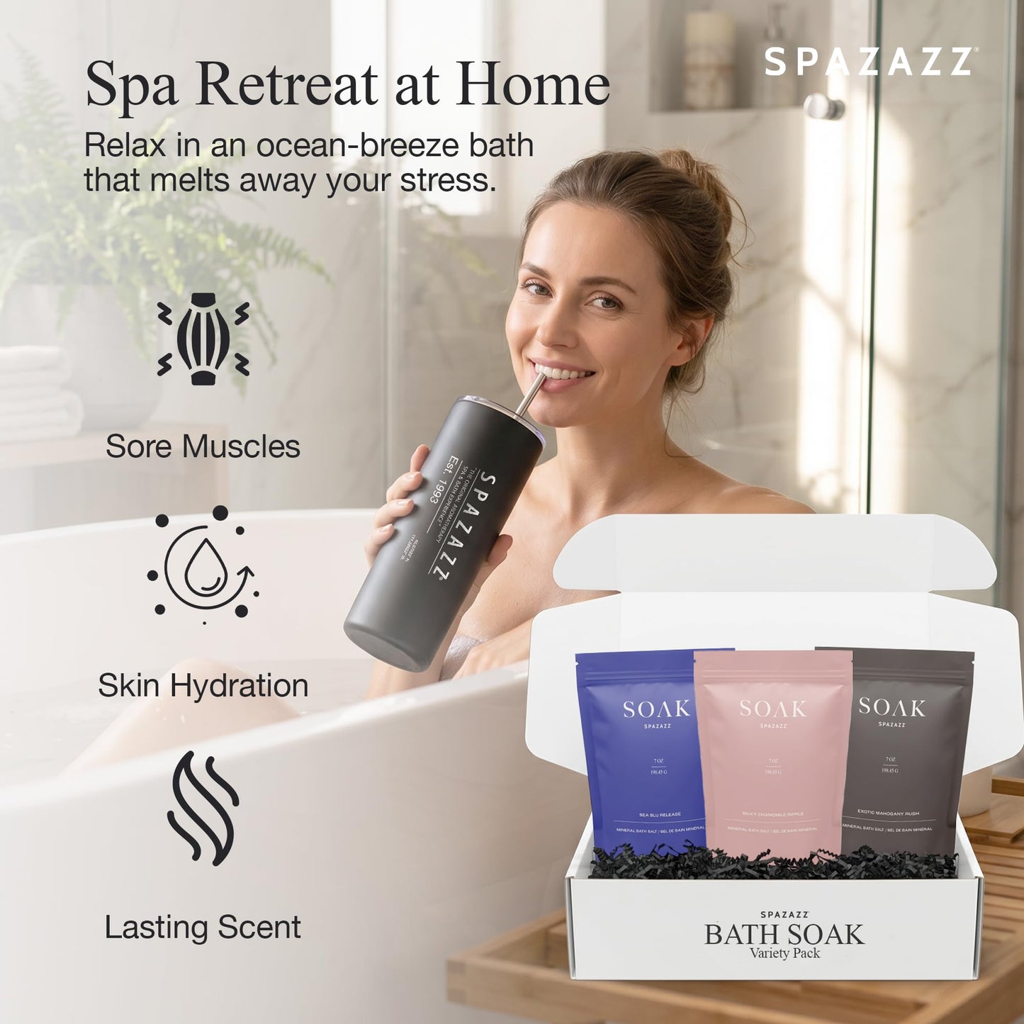 Spazazz Soak Bag Gift Set - 7oz Exotic Mahogany Rush, Silky Chamomile Ripple & Sea Blu Release Aromatherapy Bath Soak with Bath Salt Scoop, Tumbler Beauty and Personal Care Spazazz