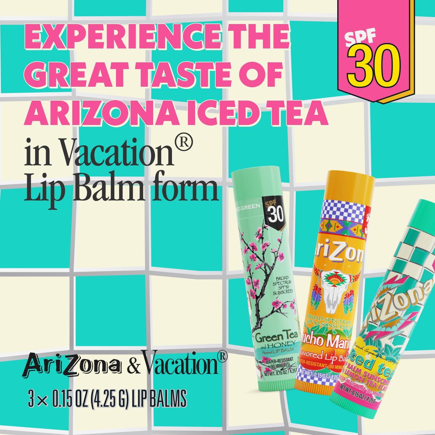 AriZona Iced Tea SPF 30 Lip Balms 3-Pack by Vacation Sunscreen, Hydrating Lip Sunscreen Chapstick, Water Resistant Vegan Sunscreen Lip Balm, 3 Iconic Beauty and Personal Care VACATION
