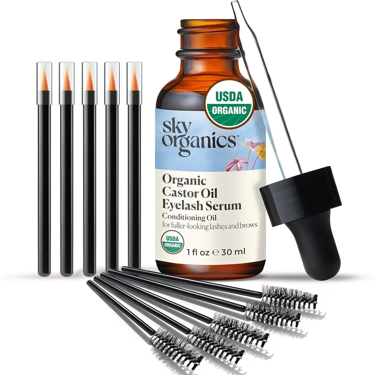 Sky Organics - USDA Organic Castor Oil Eyelash Serum (1 fl oz/30 mL) Brown Glass Bottle for UV Protection - Fuller-Looking Eyebrow & Lash Serum Beauty & Personal Care Sky Organics