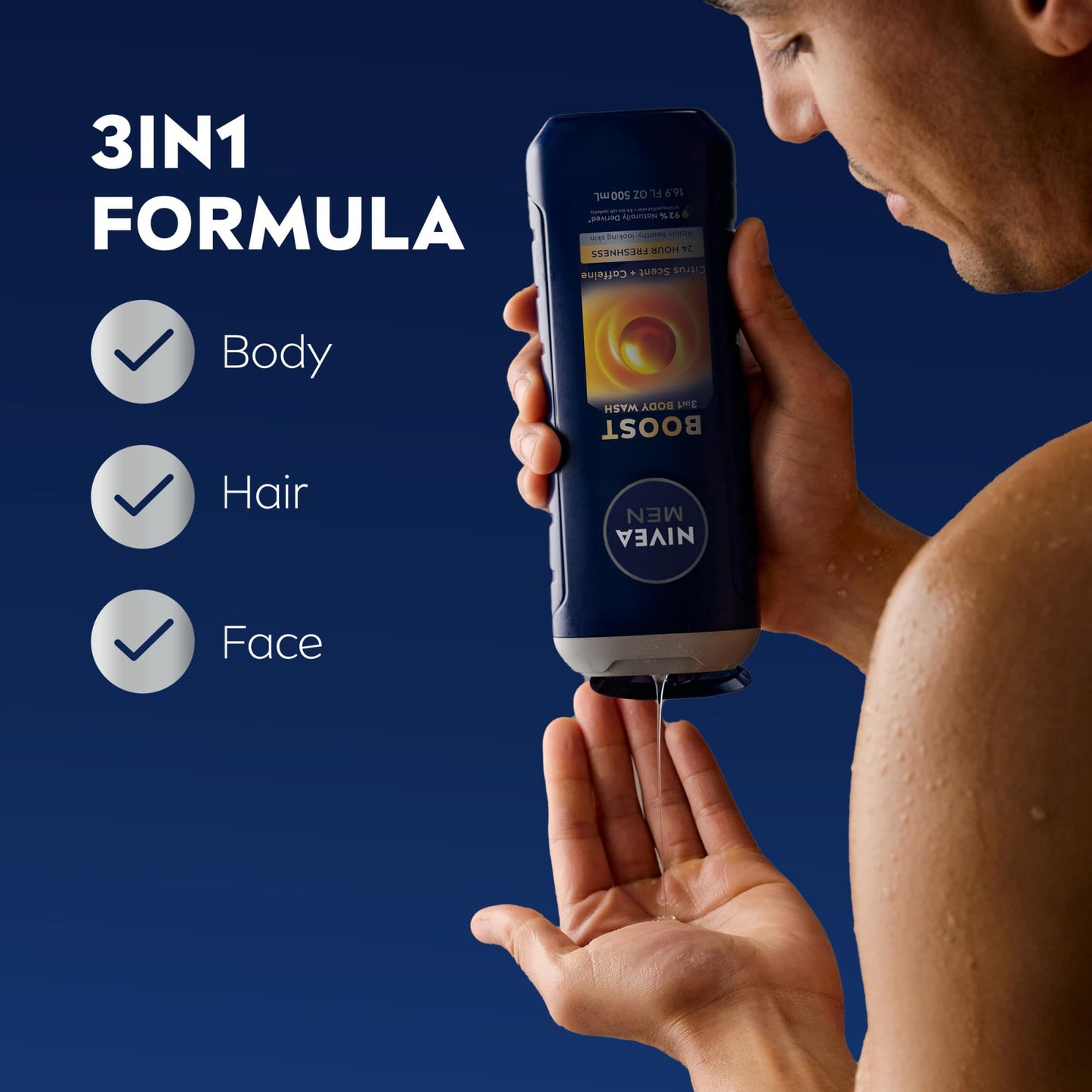NIVEA MEN Boost Body Wash, Citrus Scent and Caffeine Enriched, 3-in-1 Men's Body Wash, Face and Hair, Paraben Free, Vegan Formula, 16.9 Fl Oz Bottle Beauty & Personal Care NIVEA MEN