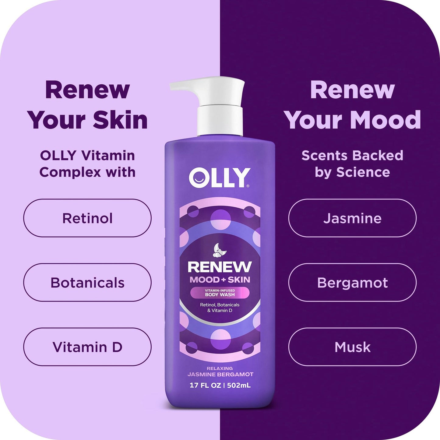 OLLY Renew Body Wash with Vitamin D, Retinol & Botanicals - Nourishing Cleanser for Skin Barrier Repair, Deep Hydration, Jasmine Bergamot Scent, 17oz Beauty & Personal Care OLLY
