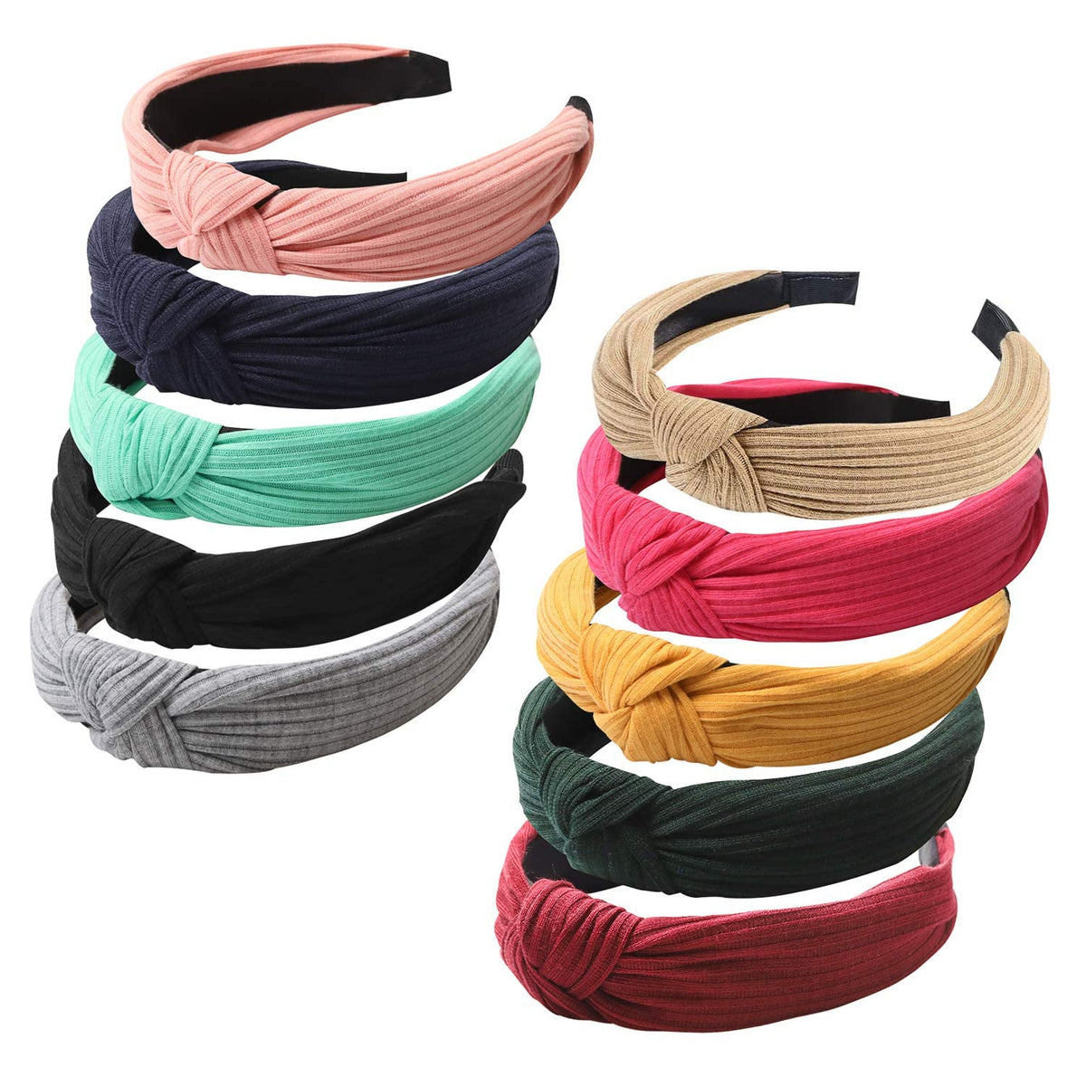 10 Pcs Top Knotted Headbands for Women and Girls, Wide Turban Headbands Fabric Hair Hoops, Head Wrap in Solid Color, Cross Knot Hair Bands Non-Slip