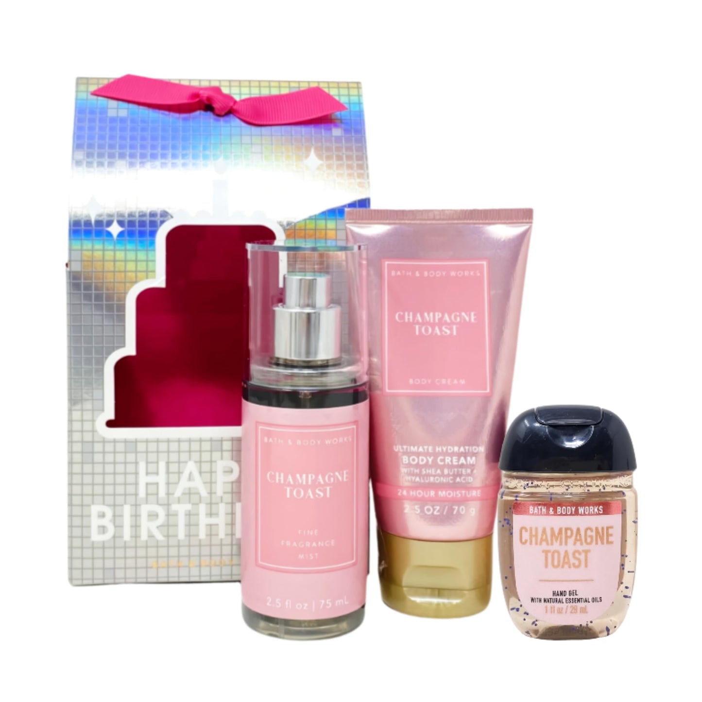 Bath & Body Works Champagne Toast Happy Birthday! Mini Gift Bag - Fragrance Mist - Body Cream - Hand Gel - with a Himalayan Salts Springs Bar Soap Beauty and Personal Care Bath & Body Works