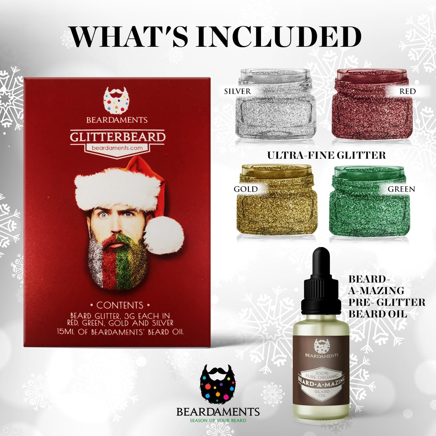 Beardaments Glitterbeard Kit with Application Oil - Long-Lasting Sparkle for Festive Fun - Easy No Mess Application Beard Glitter for Men (4 Colors) Beauty and Personal Care Beardaments
