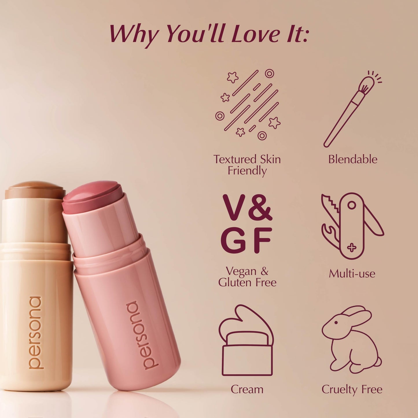 PERSONA Dune Dreamstick Cream Bronzer | Lightweight, Blendable & Non-Comedogenic | With Kaolin, Nylon-12, White & Green Tea Extracts | Vegan Beauty & Personal Care PERSONA
