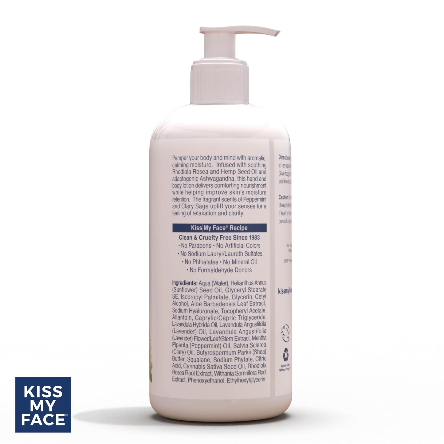 Kiss My Face De-Stress Hand & Body Lotion - Peppermint + Clary Sage - Soothing Rhodiola Rosea - With Hemp Seed Oil & Ashwagandha - Vegan Beauty & Personal Care Kiss My Face