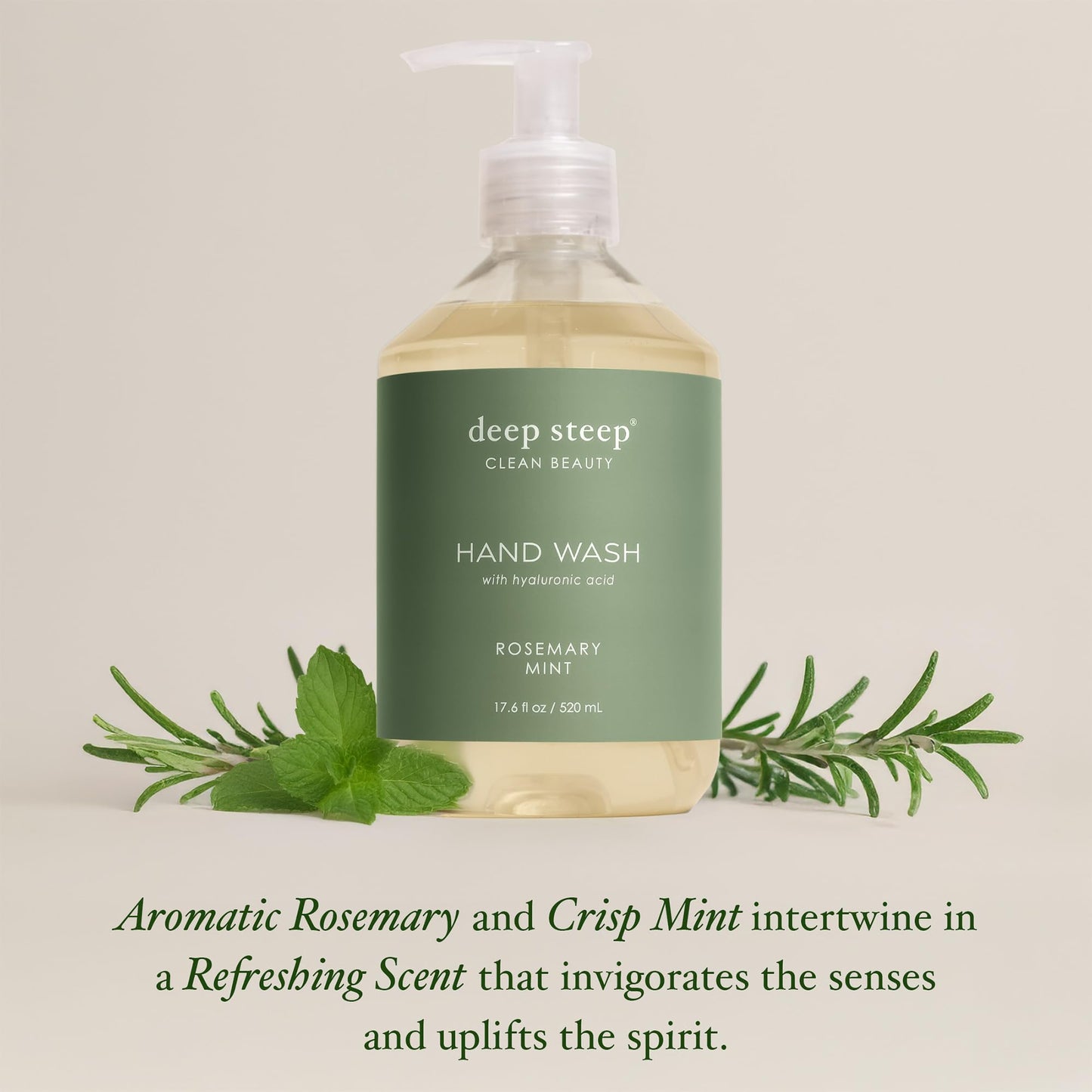 Deep Steep Liquid Hand Wash, Rosemary Mint, 17.6 oz - Moisturizing Cleanser with Olive Oil, Aloe Vera, Glycerin & Hyaluronic Acid - Vegan, Clean Beauty & Personal Care Deep Steep