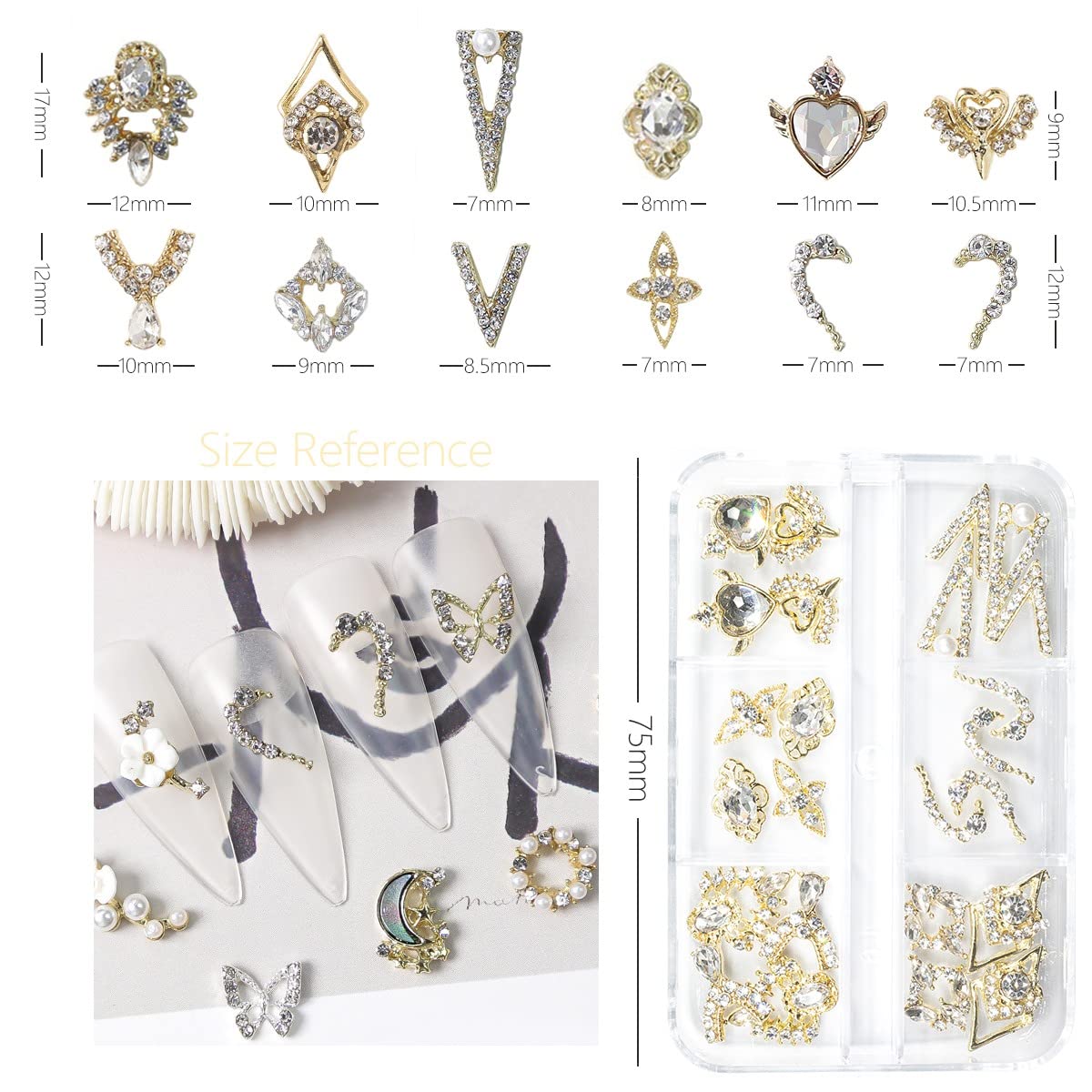 qiipii 12 Pair 3D Alloy Gold Nail Art Rhinestones - Heart Shaped Nail Charms, Golden Nail Crystal Diamonds Jewelry Stones Studs for Nails Decor Crafts Beauty & Personal Care qiipii