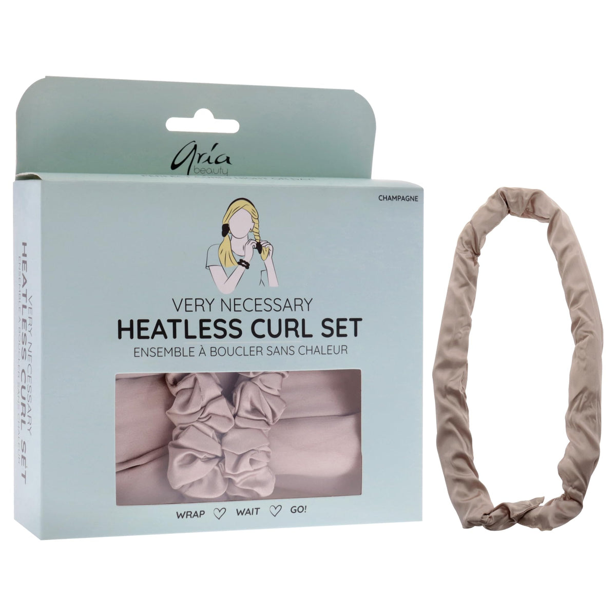 Very Necessary Heatless Curl Set - Champagne by Aria Beauty for Women - 3 Pc 1 Curling Rod Headband, 2 Scrunchies