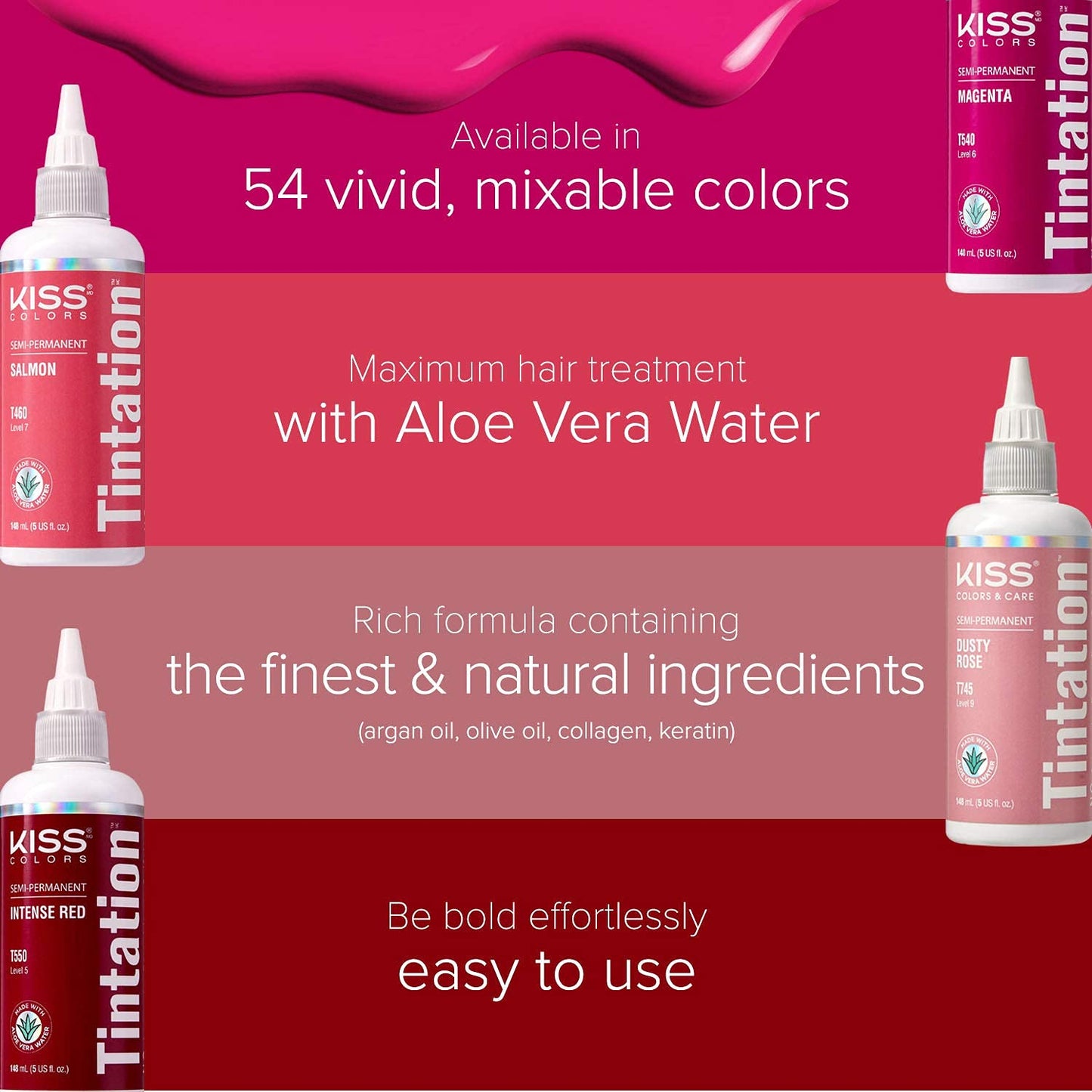 Red by Kiss Tintation Semi-Permanent Hair Color, Aloe Vera Water Based, Argan Oil, Olive Oil, Collagen & Keratin, Long-Lasting Color Dye (Crimson, 5 Beauty & Personal Care Red By Kiss