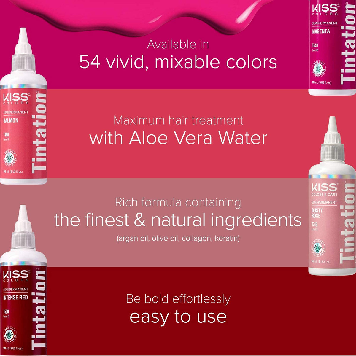 Red by Kiss Tintation Semi-Permanent Hair Color, Aloe Vera Water Based, Argan Oil, Olive Oil, Collagen & Keratin, Long-Lasting Color Dye (Ruby Red, 5 Beauty & Personal Care Red By Kiss