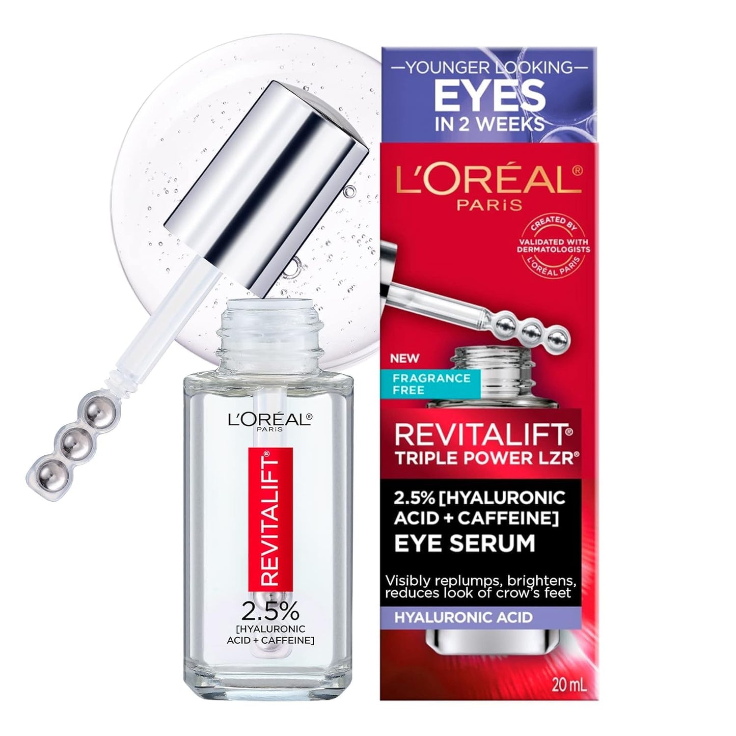 L'Oreal Paris Revitalift Derm Intensives Hyaluronic Acid + Caffeine Hydrating Eye Serum, 0.67 Fl. Oz. Beauty & Personal Care L'ORÉAL