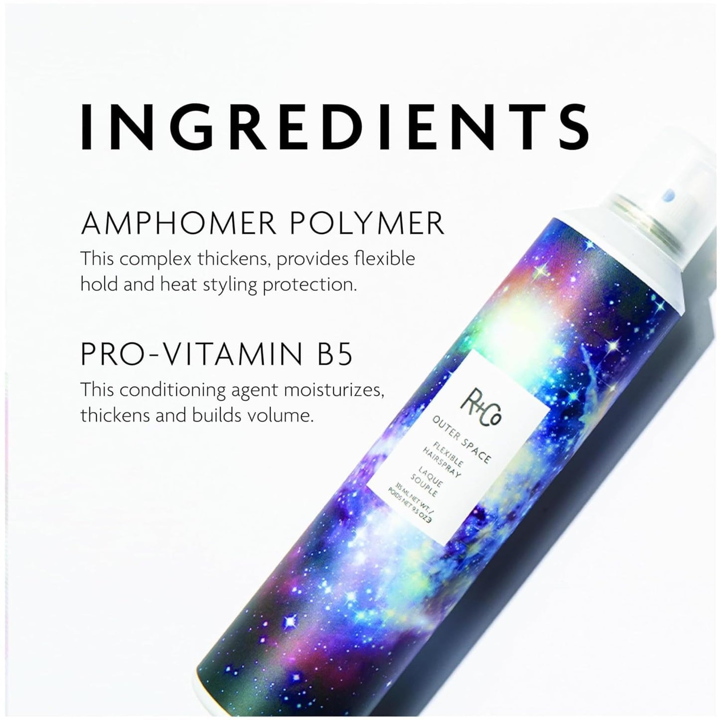R+Co Outer Space Flexible Hairspray - Light Hold Hairspray for All Hair Types - Adds Shine, Volume & Flexible, Long-Lasting Hold - Vegan Beauty & Personal Care R+Co