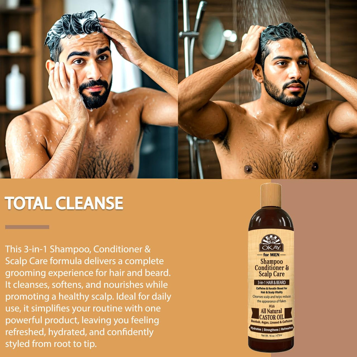 OKAY-MEN 3 in 1 Shampoo and Conditioner - Castor Oil Shampoo and Conditioner, Beard Wash, Clarifying Treatment for Dry Damaged Hair, Dandruff, Curly