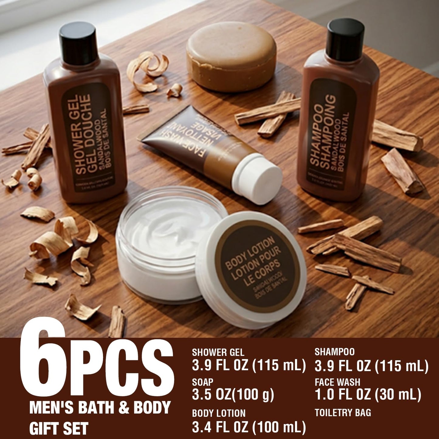 Gifts for Men 6pcs Sandalwood Gift Set Travel Size Toiletry with Shampoo, Body Lotion, Mens Gift Birthday Anniversary Gift Sets for Men, Christmas Beauty and Personal Care BODY & EARTH