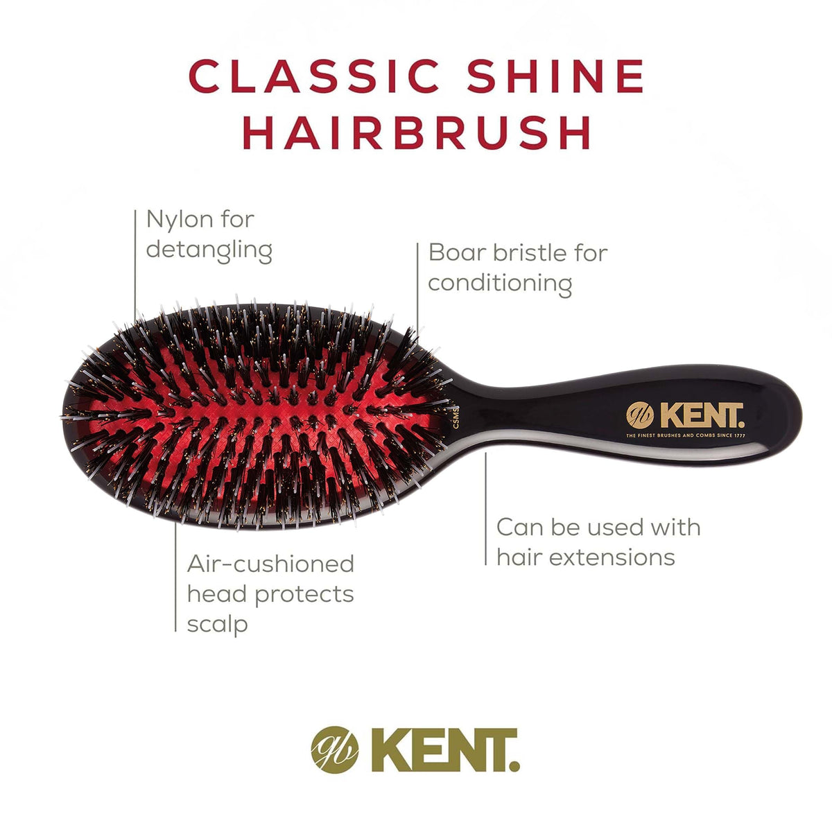 Kent CSMS 7.25" Classic Shine Small Oval Cushion Straightening Brush - Natural Black Boar Bristle Hair Brush with Nylon Quills - Shine Hair Brush and