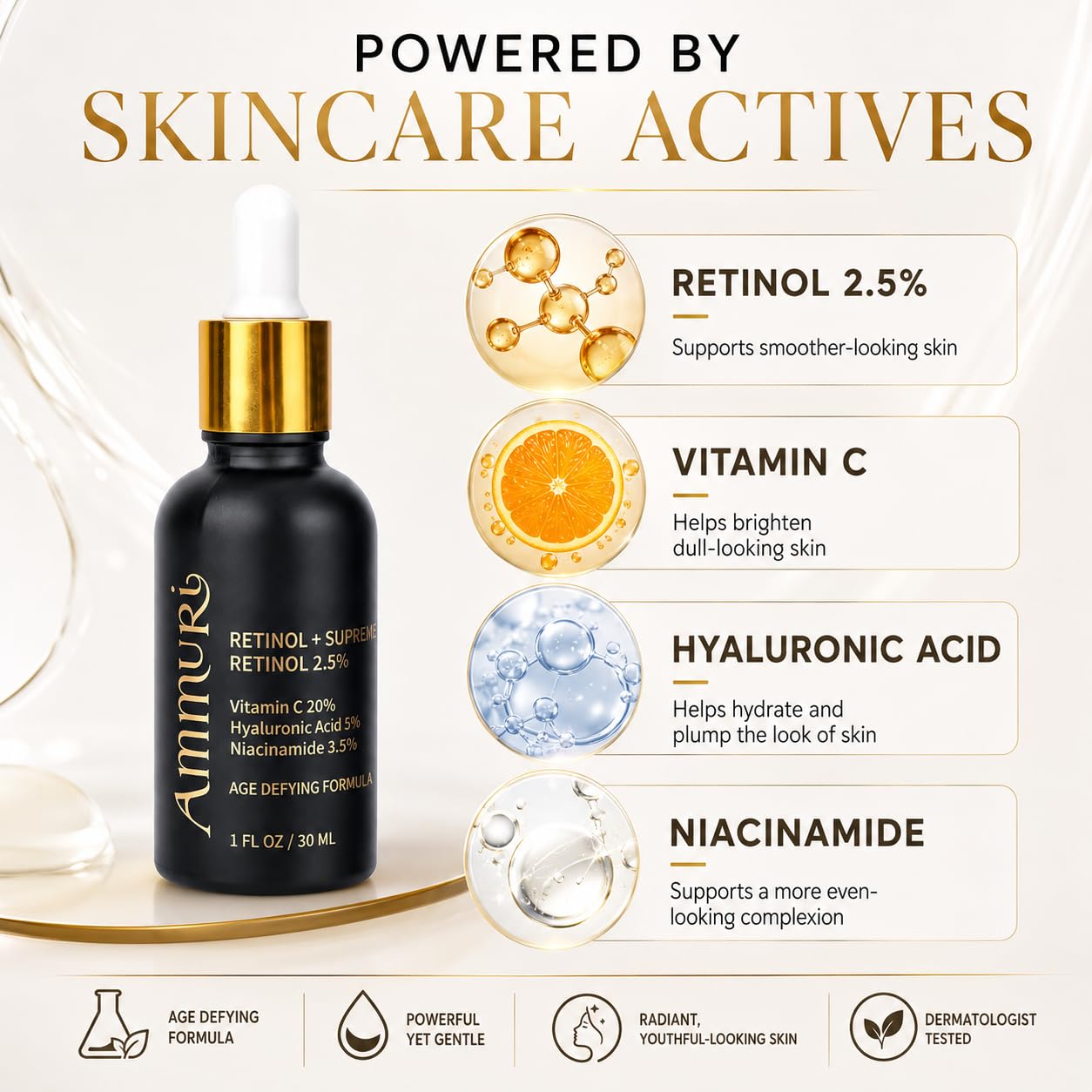 Ammuri Retinal + Supreme Anti-Aging Face Serum - Retinal, Hyaluronic Acid & Vitamin C Serum for Skin Care - Powerful Triple Combination for Youthful Beauty & Personal Care Ammuri