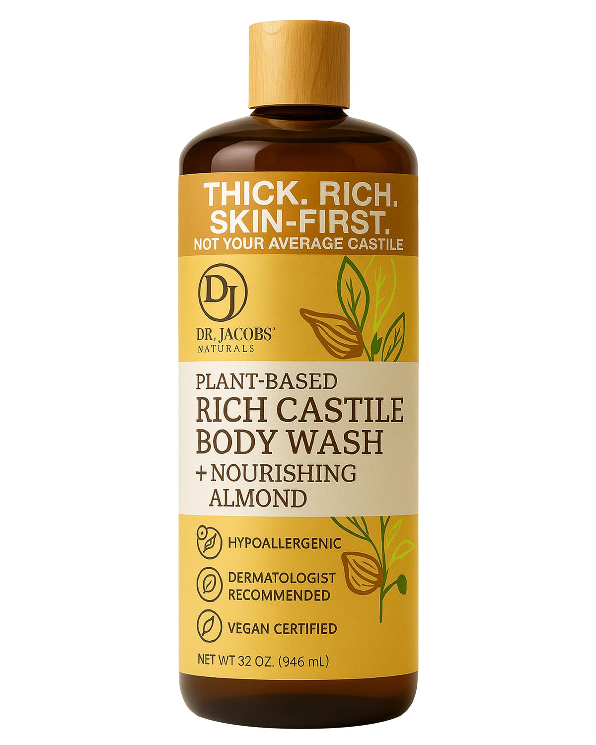 Dr. Jacobs Naturals Pure Castile Soap Liquid Body Wash, Almond - Plant Based Castile Soap Infused with Vitamin E and Aloe Vera to Moisturize Dry Beauty & Personal Care DR.JACOBS NATURALS