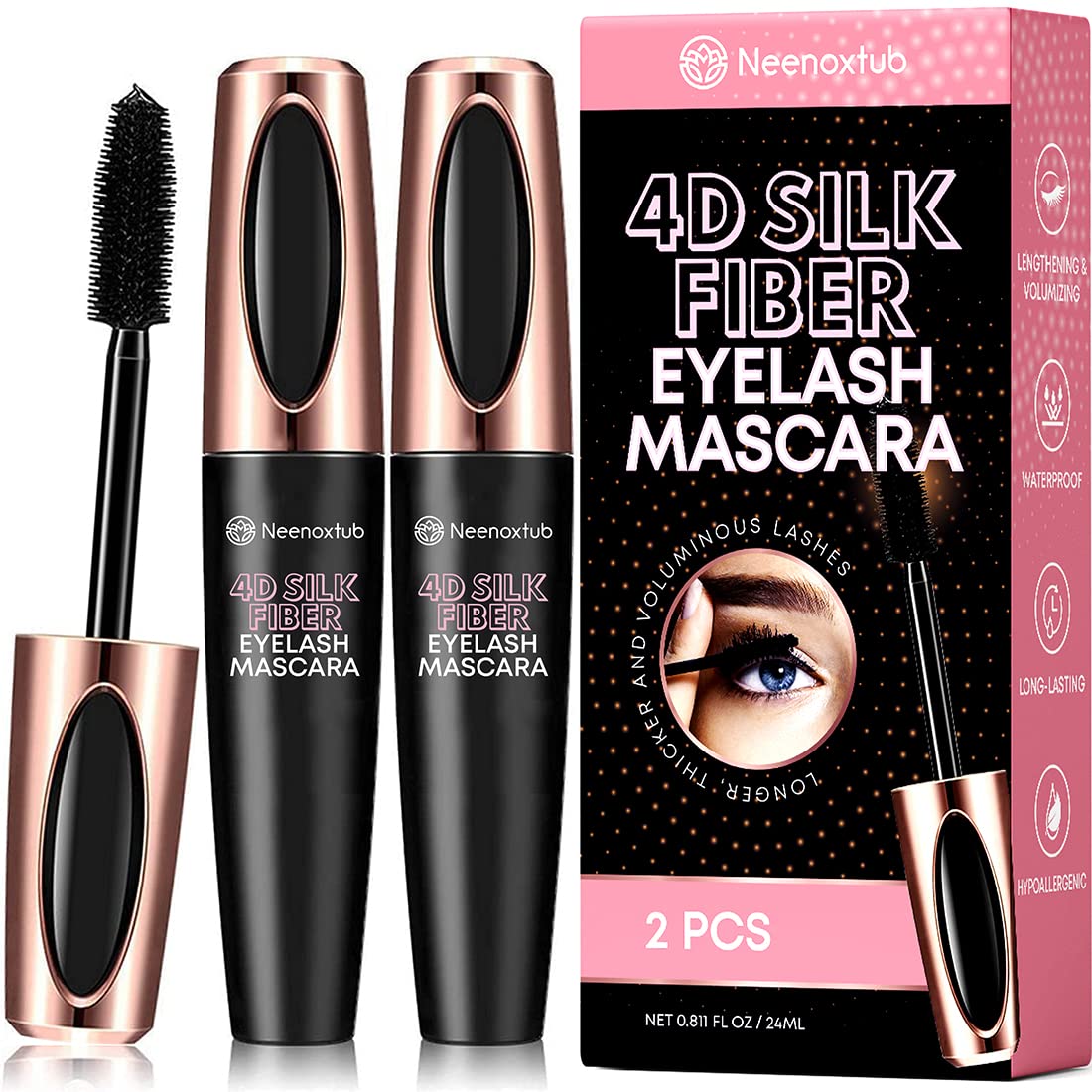 Neenoxtub 4D Silk Fiber Lash Mascara, Lengthening and Thick, Long Lasting, Waterproof & Smudge-Proof, Hypoallergenic Formula 2 Pack Black Beauty & Personal Care Neenoxtub