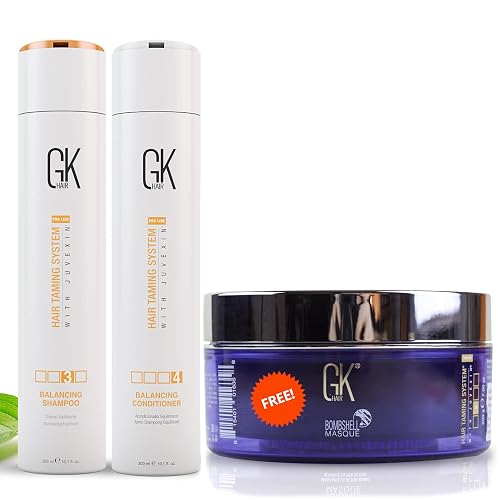 GK HAIR Global Keratin Balancing Shampoo & Conditioner Set (300ml) | Lavender Bombshell Masque (200g) | Hydrating Hair Care Set for Smoother Beauty & Personal Care GK HAIR