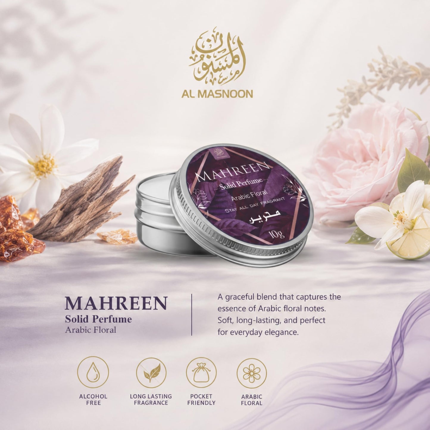 AL MASNOON Mahreen Solid Perfume 10g - Arabic Floral Fragrance, Long-Lasting Deodorant for All-Day Freshness, Perfect Beauty and Personal Care al masnoon