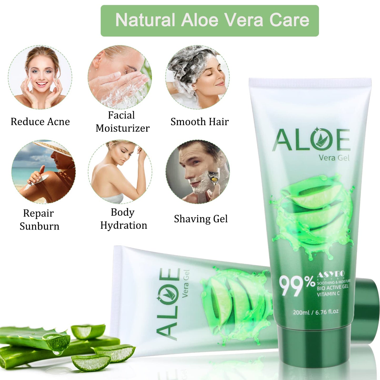 ASYBO 200x2 ML Aloe Vera Gel - 99% Organic Pure Aloe Vera Hydrating Face & Body Moisturizer, Natural Aloe Cream for Dry Skin, Sunburn, Acne, Soothing Beauty & Personal Care ASYBO