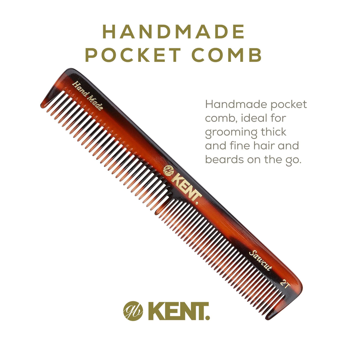 Kent 2T Fine and Wide Tooth Comb For Men, for Small Beard and Mustache, Daily Hair Styling and Mens Grooming Comb, All Hair Types, Handmade Sawcut and