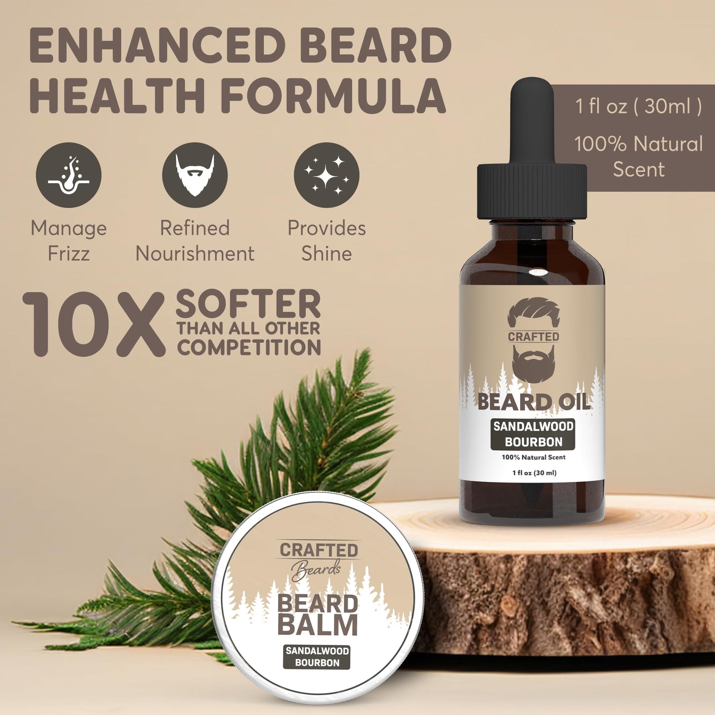 Beard Care Kit - Softer, Smoother, Moisturized Beard - Beard Oil and Balm - Gift Set (Sandalwood Bourbon) Beauty and Personal Care Crafted Beards