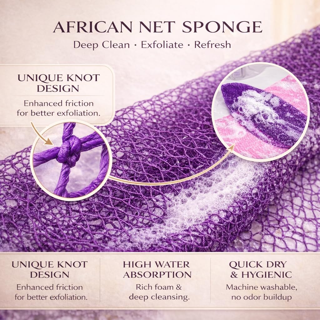 African Net Sponge Authentic, 3 Pieces African Exfoliating Net Sponge Body Back Scrubber Exfoliating Washcloth for Shower Bath for All Types Skin Beauty and Personal Care HAITOO