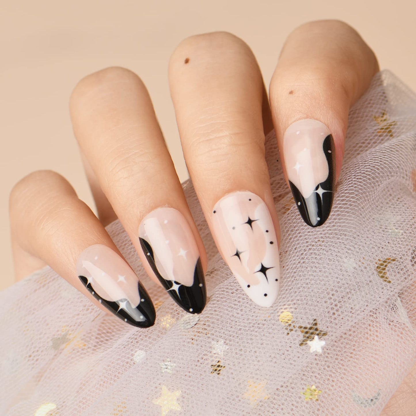 GLAMERMAID Black Press on Nails Medium Almond, Emo Crush Jelly Gel Gothic Stiletto False Glue on Nails Kit with Moon Star Desgin for Women, Reusable Beauty & Personal Care GLAMERMAID