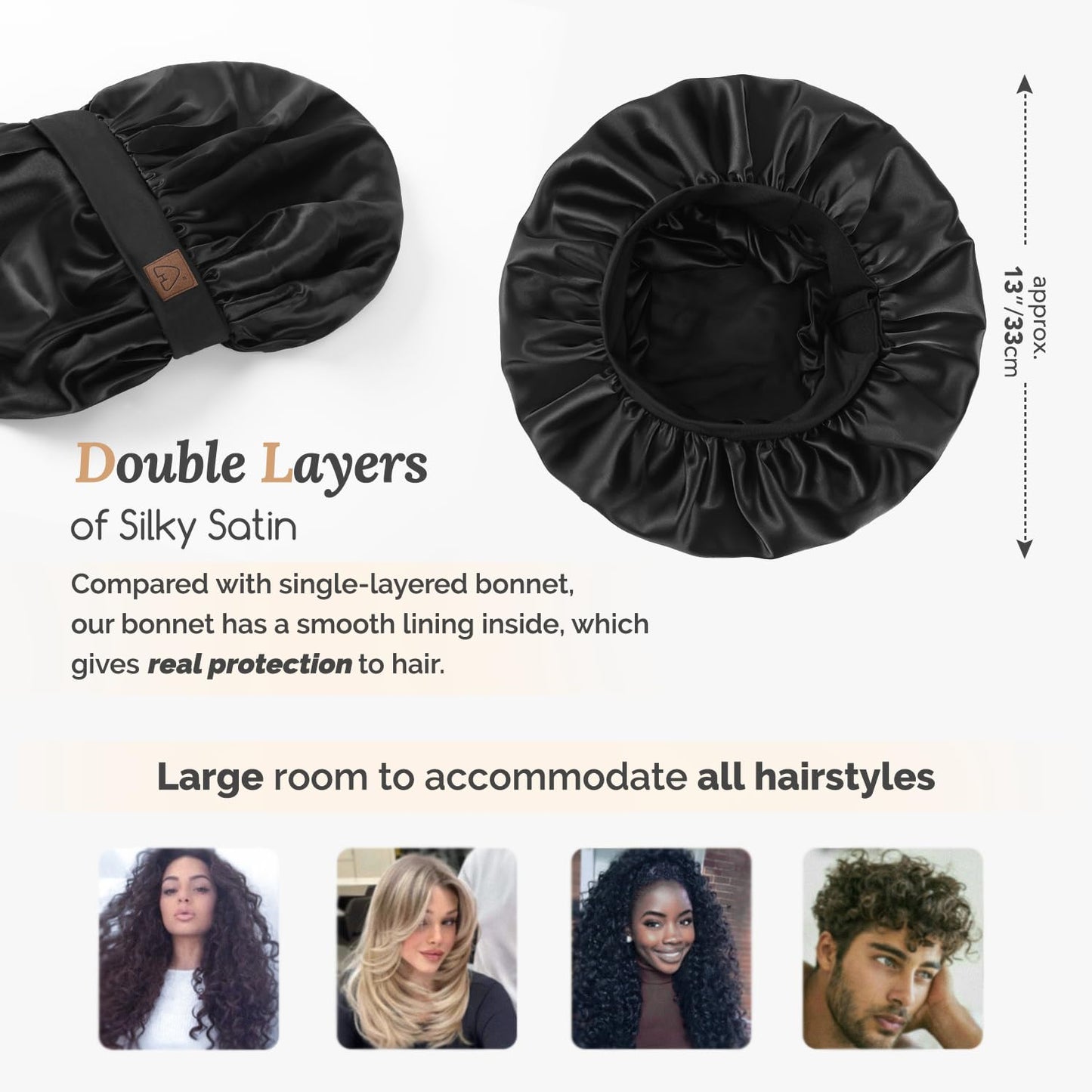 Hat Hut Satin Bonnet Silk Bonnet Sleep Cap for Women Hair Bonnet for Curly Natural Hair Sleeping Adjustable Wide Band Double Layer (Black) Beauty & Personal Care Hat Hut