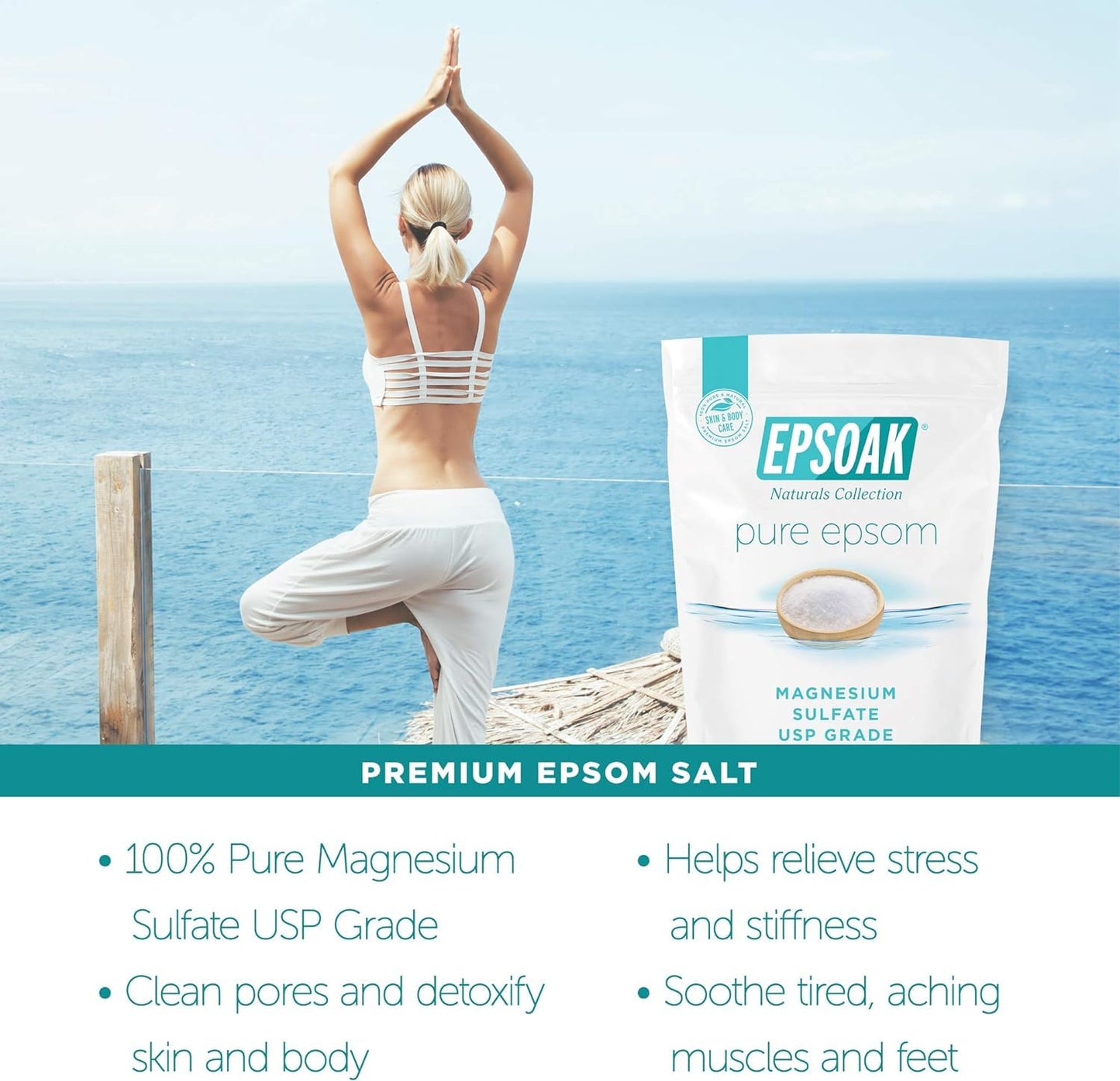 Epsoak Epsom Salt 5 lb. Magnesium Sulfate USP. Resealable Epsom Salt Bag Unscented, Made in The USA, Cruelty-Free Certified Beauty and Personal Care Epsoak