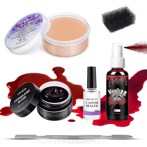 SFX Makeup Kit Scars Wax, Fake Blood Spray, Professional Scar Wax&Blood Effects Set with Coagulated Blood Gel&Spray, Metal Spatula, Sealer & Black Beauty & Personal Care VPCRT6