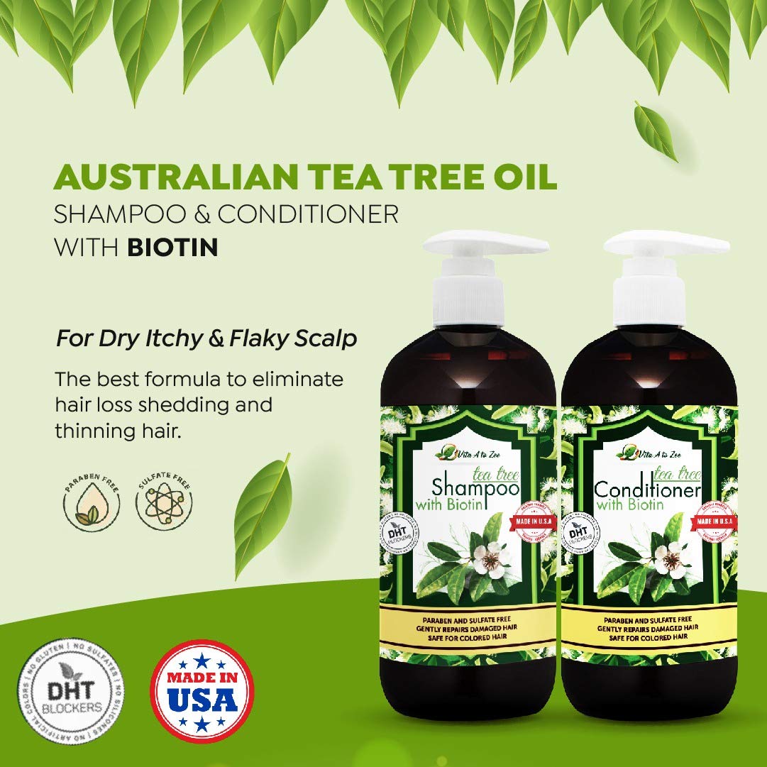 Tea Tree Oil & Biotin Shampoo & Conditioner Set for Men & Women | Professional Strength Formula | Refreshes & Stimulates Hair & Scalp | Moisturizing Beauty & Personal Care Vita A to Zee
