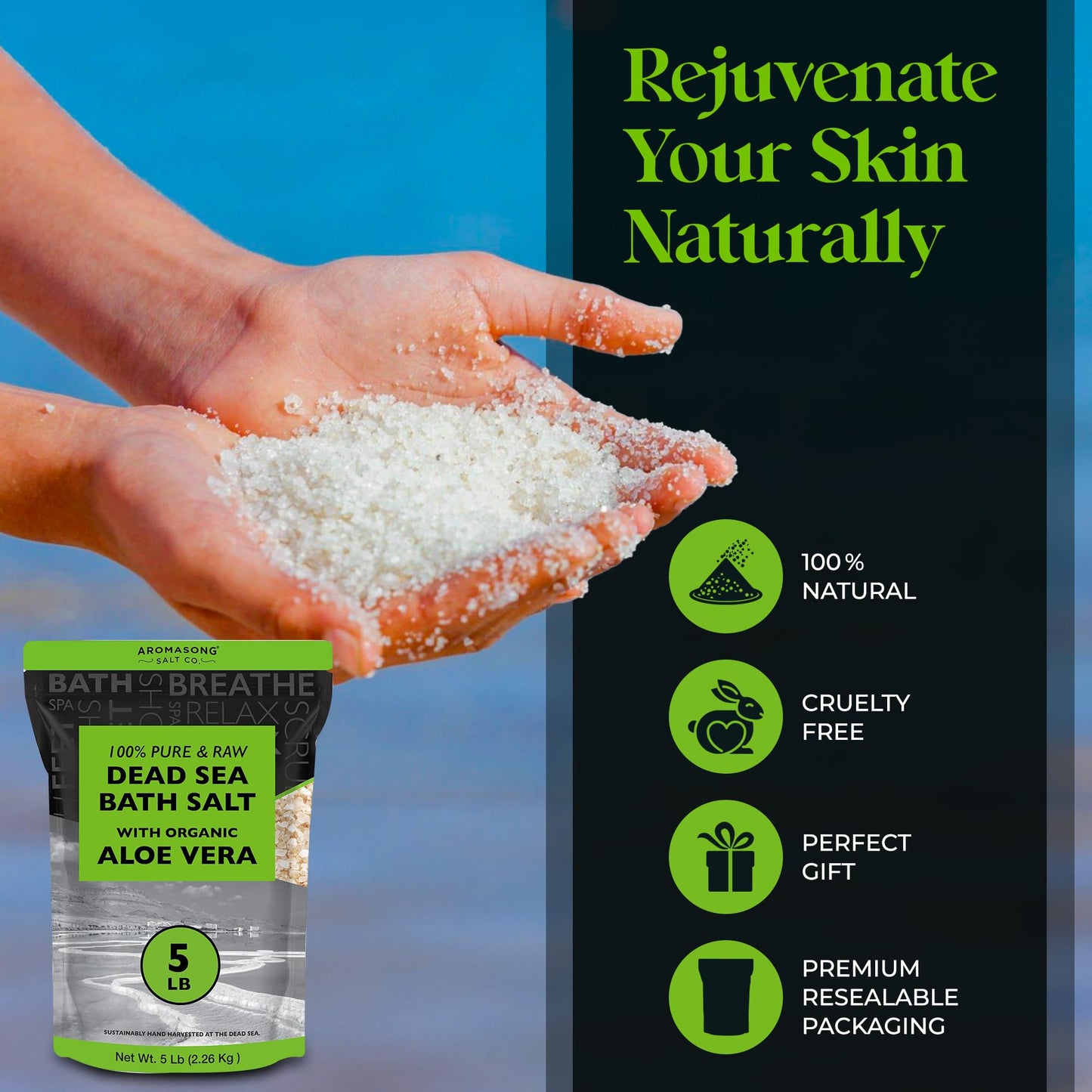 Aromasong 5 lbs Raw Dead Sea Salt with Organic Aloe Vera, not Cleaned, Still Contains All Dead sea Minerals Including Dead sea Mud, Fine Medium Grain Beauty and Personal Care Aromasong