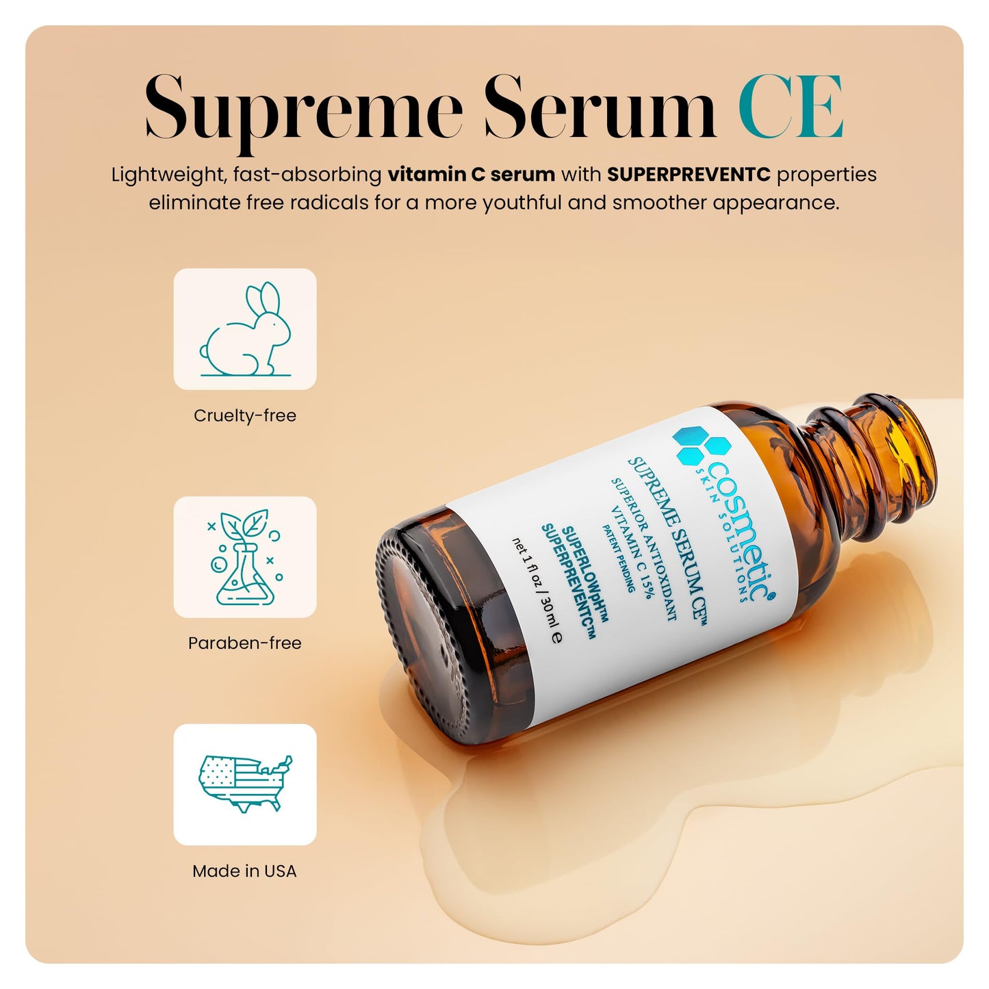 Supreme Serum CE - Vitamin C Face Serum with Vitamin E & Hyaluronic Acid - Antioxidant Rich Anti-Aging & Hydrating Formula - 2 fl oz Beauty & Personal Care Cosmetic Skin Solutions